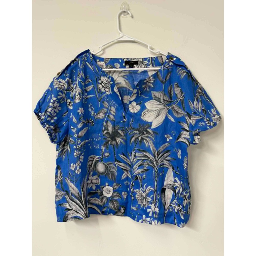 New J.Crew XL Blue Tropical Linen Blouse Button Shoulder Short Sleeve Top